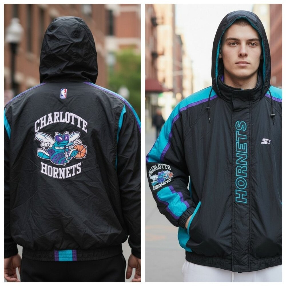 90s Starter Charlotte Hornets Coat Black Mens Sz L Full Zip Removable Hood